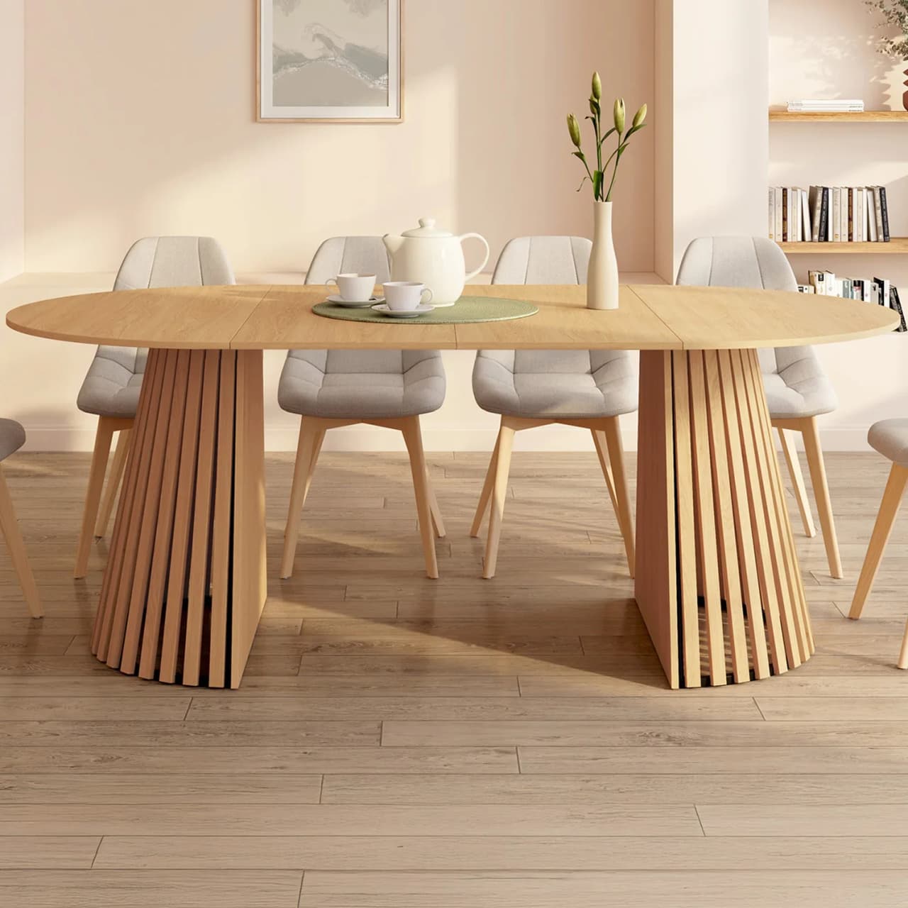 Table à manger ronde pour 10 personnes avec pied en bois en 110-200 cm